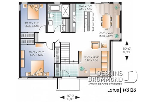 Rez-de-chaussée - Plan de maison plain-pied contemporaine, 2 chambres, grande douche, grand îlot cuisine, beaucoup lumière - Lotus
