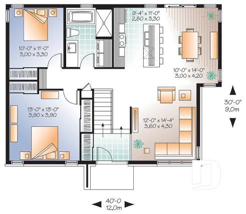 Rez-de-chaussée - Plan de maison plain-pied contemporaine, 2 chambres, grande douche, grand îlot cuisine, beaucoup lumière - Lotus