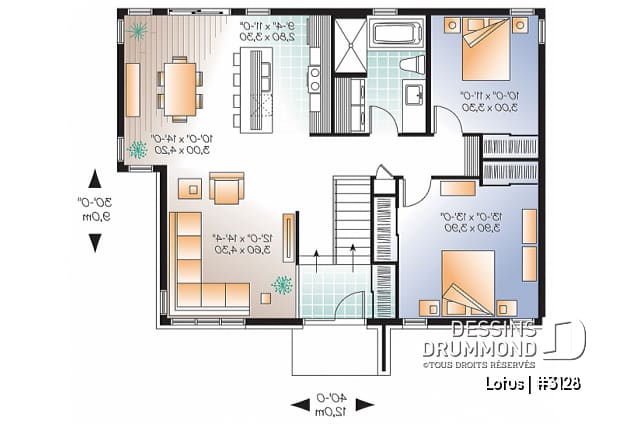Rez-de-chaussée - Plan de maison plain-pied contemporaine, 2 chambres, grande douche, grand îlot cuisine, beaucoup lumière - Lotus