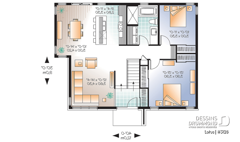 Rez-de-chaussée - Plan de maison plain-pied contemporaine, 2 chambres, grande douche, grand îlot cuisine, beaucoup lumière - Lotus