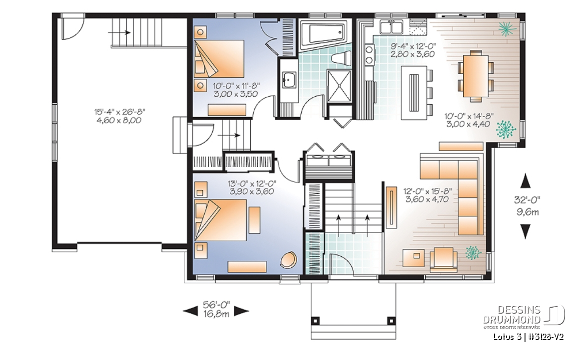 Rez-de-chaussée - Plan de maison contemporaine split level, 2 chambres, garage, laveuse/sécheuse au rez-de-chaussée - Lotus 3