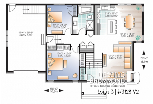 Rez-de-chaussée - Plan de maison contemporaine split level, 2 chambres, garage, laveuse/sécheuse au rez-de-chaussée - Lotus 3