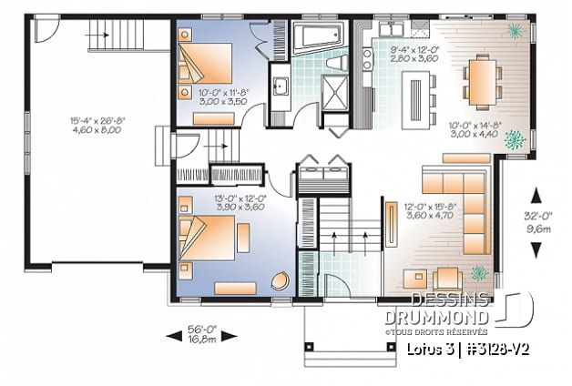 Rez-de-chaussée - Plan de maison contemporaine split level, 2 chambres, garage, laveuse/sécheuse au rez-de-chaussée - Lotus 3