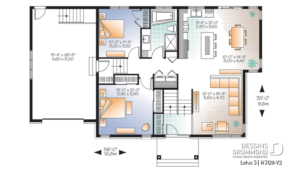 Rez-de-chaussée - Plan de maison contemporaine split level, 2 chambres, garage, laveuse/sécheuse au rez-de-chaussée - Lotus 3