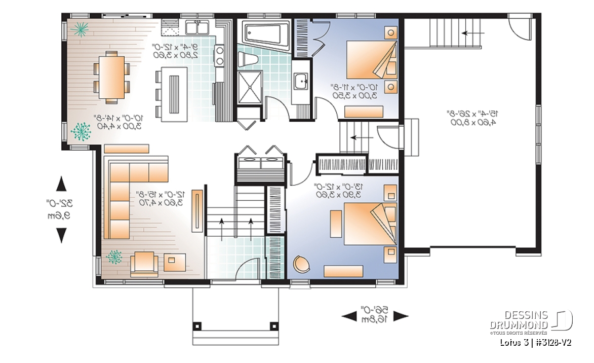 Rez-de-chaussée - Plan de maison contemporaine split level, 2 chambres, garage, laveuse/sécheuse au rez-de-chaussée - Lotus 3