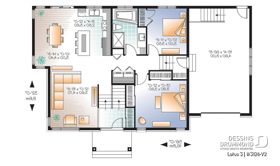 Rez-de-chaussée - Plan de maison contemporaine split level, 2 chambres, garage, laveuse/sécheuse au rez-de-chaussée - Lotus 3
