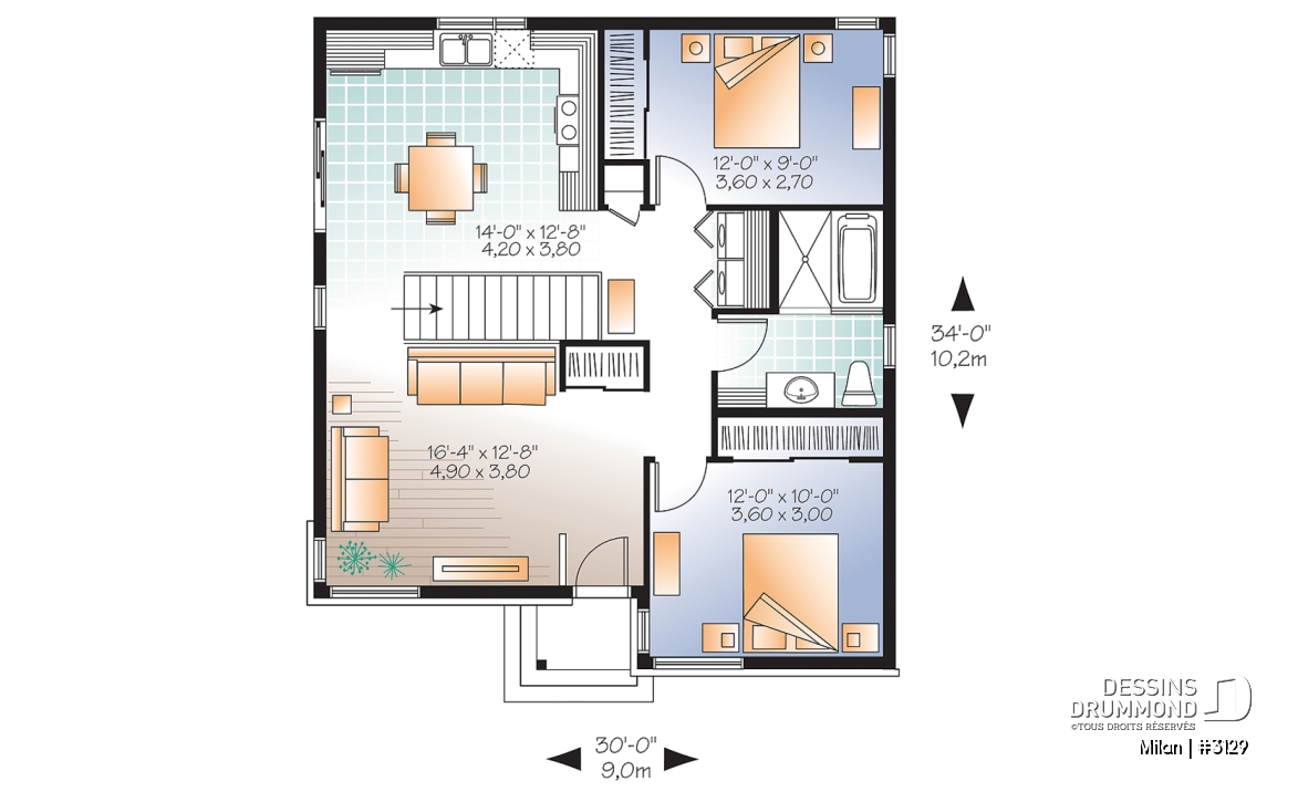 Rez-de-chaussée - Bungalow plain-pied économique, moderne, 2 chambre, espace ouvert, porte patio sur le côté, grande douche - Milan