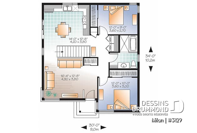 Rez-de-chaussée - Bungalow plain-pied économique, moderne, 2 chambre, espace ouvert, porte patio sur le côté, grande douche - Milan