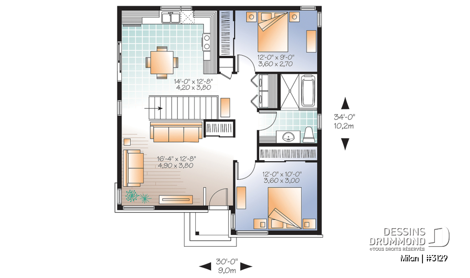 Rez-de-chaussée - Bungalow plain-pied économique, moderne, 2 chambre, espace ouvert, porte patio sur le côté, grande douche - Milan