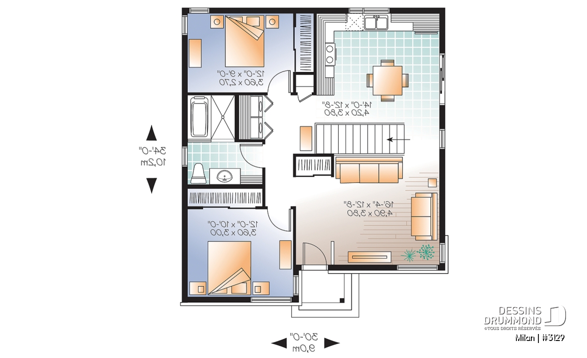 Rez-de-chaussée - Bungalow plain-pied économique, moderne, 2 chambre, espace ouvert, porte patio sur le côté, grande douche - Milan