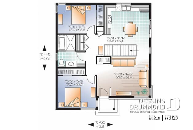Rez-de-chaussée - Bungalow plain-pied économique, moderne, 2 chambre, espace ouvert, porte patio sur le côté, grande douche - Milan