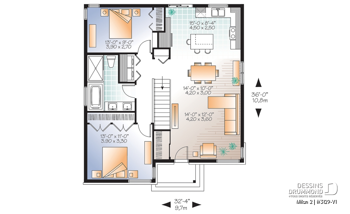 Rez-de-chaussée - Plan maison moderne 2 chambres, petit budget et idéale première maison, buanderie au r-d-c, îlot - Milan 2
