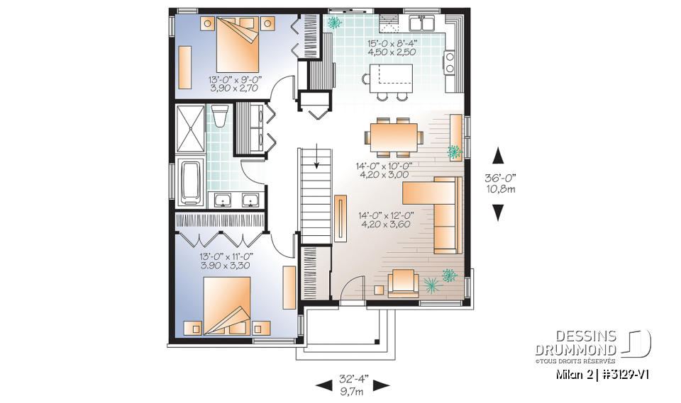 Rez-de-chaussée - Plan maison moderne 2 chambres, petit budget et idéale première maison, buanderie au r-d-c, îlot - Milan 2
