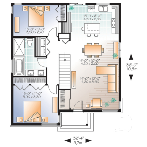Rez-de-chaussée - Plan maison moderne 2 chambres, petit budget et idéale première maison, buanderie au r-d-c, îlot - Milan 2