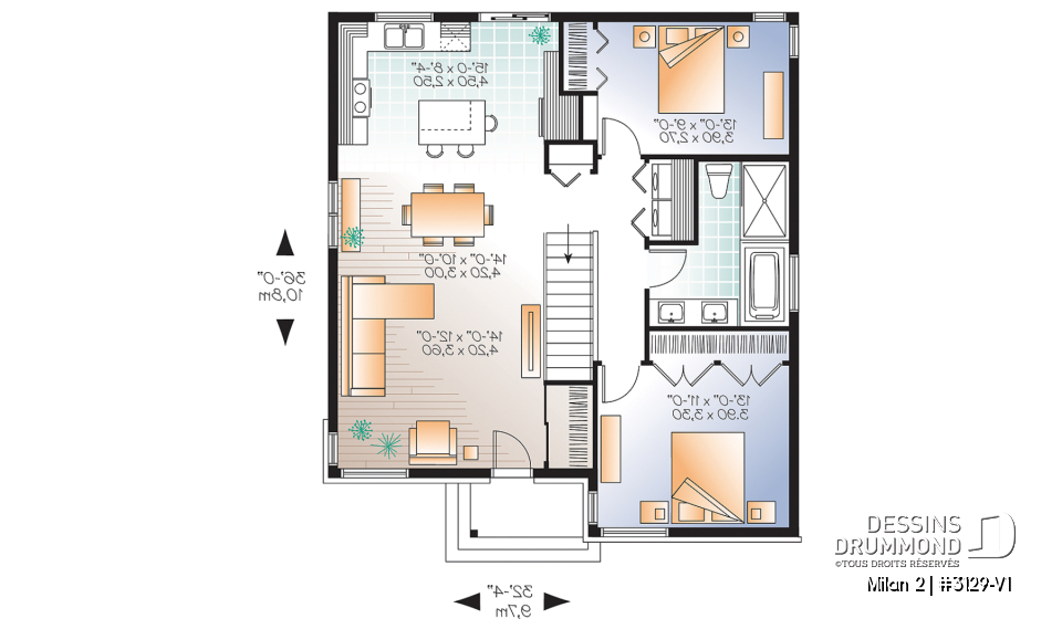 Rez-de-chaussée - Plan maison moderne 2 chambres, petit budget et idéale première maison, buanderie au r-d-c, îlot - Milan 2