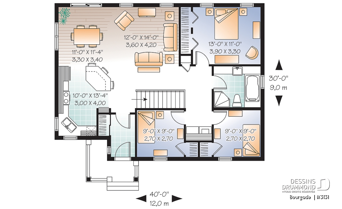 Rez-de-chaussée - Plan de bungalow économique, 3 chambres au rez-de-chaussée, coin buanderie, îlot à la cuisine, vestibule fermé - Bourgade 