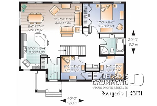 Rez-de-chaussée - Plan de bungalow économique, 3 chambres au rez-de-chaussée, coin buanderie, îlot à la cuisine, vestibule fermé - Bourgade 