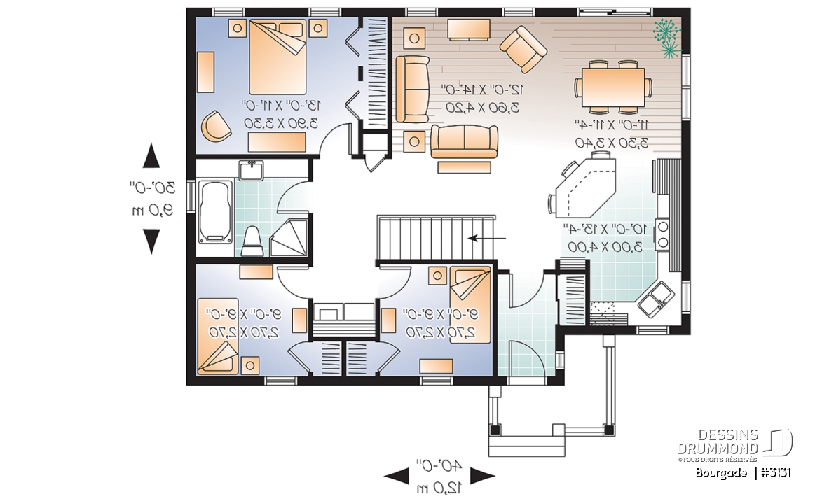 Rez-de-chaussée - Plan de bungalow économique, 3 chambres au rez-de-chaussée, coin buanderie, îlot à la cuisine, vestibule fermé - Bourgade 