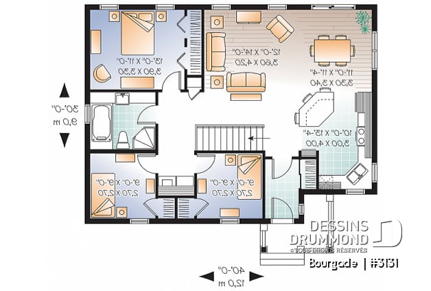 Rez-de-chaussée - Plan de bungalow économique, 3 chambres au rez-de-chaussée, coin buanderie, îlot à la cuisine, vestibule fermé - Bourgade 