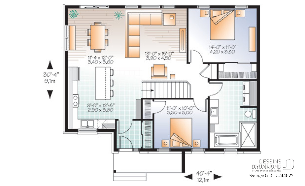 Rez-de-chaussée - Plan de bungalow moderne urbain, 2 grandes chambres, vestibule fermé, aire ouverte cuisine / salon - Bourgade 3