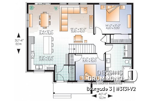 Rez-de-chaussée - Plan de bungalow moderne urbain, 2 grandes chambres, vestibule fermé, aire ouverte cuisine / salon - Bourgade 3