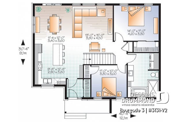 Rez-de-chaussée - Plan de bungalow moderne urbain, 2 grandes chambres, vestibule fermé, aire ouverte cuisine / salon - Bourgade 3