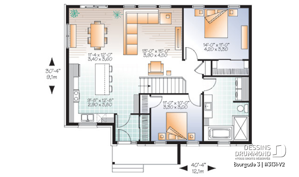 Rez-de-chaussée - Plan de bungalow moderne urbain, 2 grandes chambres, vestibule fermé, aire ouverte cuisine / salon - Bourgade 3