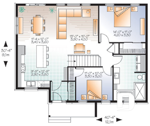 Rez-de-chaussée - Plan de bungalow moderne urbain, 2 grandes chambres, vestibule fermé, aire ouverte cuisine / salon - Bourgade 3