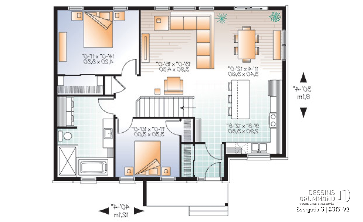 Rez-de-chaussée - Plan de bungalow moderne urbain, 2 grandes chambres, vestibule fermé, aire ouverte cuisine / salon - Bourgade 3