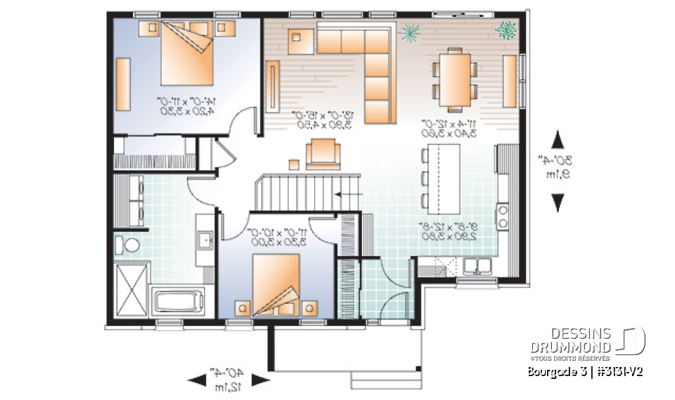 Rez-de-chaussée - Plan de bungalow moderne urbain, 2 grandes chambres, vestibule fermé, aire ouverte cuisine / salon - Bourgade 3