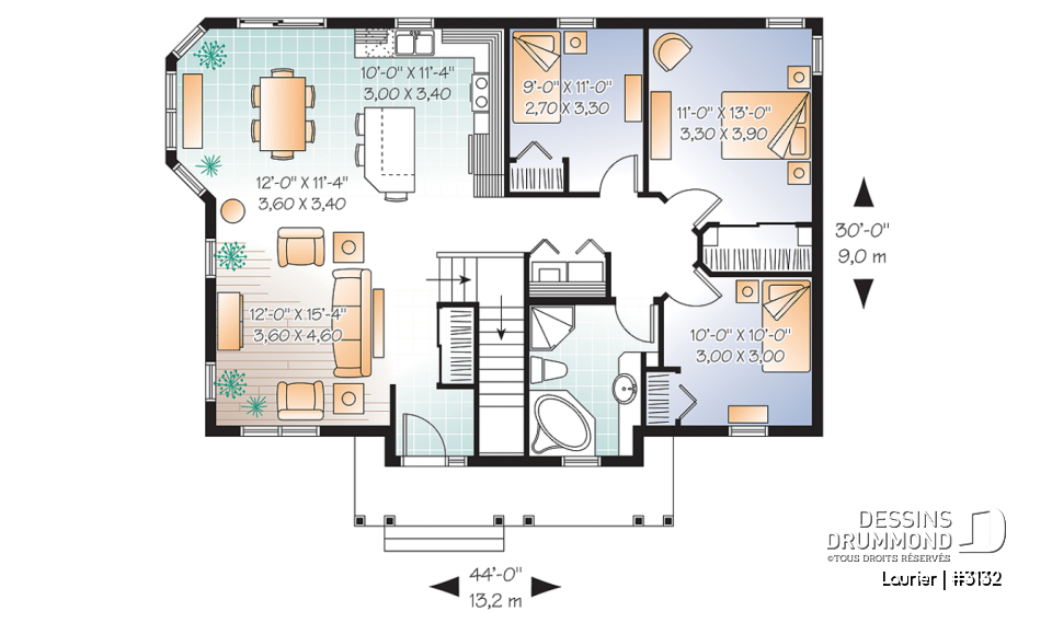Rez-de-chaussée - Plan de plain-pied, 3 chambres au même plancher, salle de lavage au rez-de-chaussée - Laurier