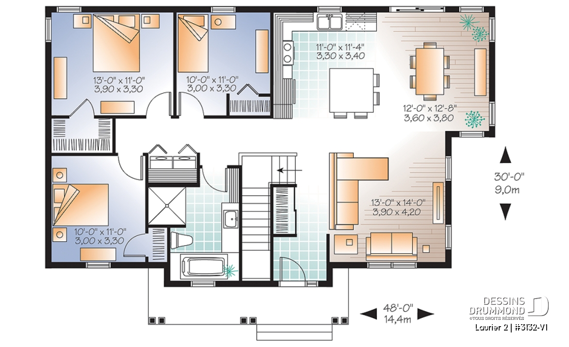 Rez-de-chaussée - Plan de bungalow champêtre 3 chambres, cuisine attrayante, aire ouverte, salle de lavage au premier - Laurier 2