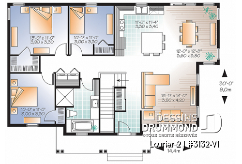 Rez-de-chaussée - Plan de bungalow champêtre 3 chambres, cuisine attrayante, aire ouverte, salle de lavage au premier - Laurier 2