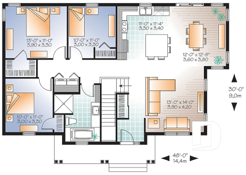 Rez-de-chaussée - Plan de bungalow champêtre 3 chambres, cuisine attrayante, aire ouverte, salle de lavage au premier - Laurier 2
