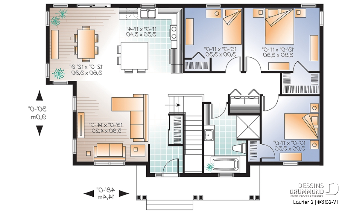 Rez-de-chaussée - Plan de bungalow champêtre 3 chambres, cuisine attrayante, aire ouverte, salle de lavage au premier - Laurier 2