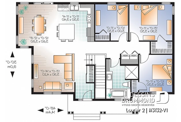 Rez-de-chaussée - Plan de bungalow champêtre 3 chambres, cuisine attrayante, aire ouverte, salle de lavage au premier - Laurier 2