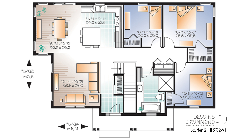 Rez-de-chaussée - Plan de bungalow champêtre 3 chambres, cuisine attrayante, aire ouverte, salle de lavage au premier - Laurier 2