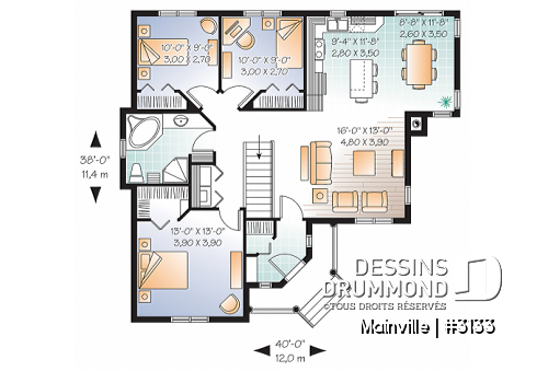Rez-de-chaussée - Plan de plain-pied 3 chambres et buanderie au rez-de-chaussée, cuisine avec îlot, walk-in  chambre parents - Mainville