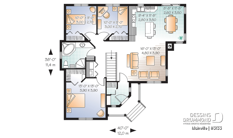Rez-de-chaussée - Plan de plain-pied 3 chambres et buanderie au rez-de-chaussée, cuisine avec îlot, walk-in  chambre parents - Mainville