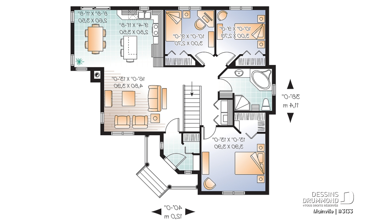 Rez-de-chaussée - Plan de plain-pied 3 chambres et buanderie au rez-de-chaussée, cuisine avec îlot, walk-in  chambre parents - Mainville