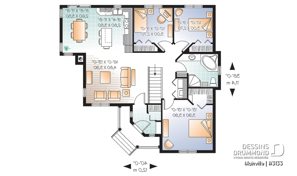 Rez-de-chaussée - Plan de plain-pied 3 chambres et buanderie au rez-de-chaussée, cuisine avec îlot, walk-in  chambre parents - Mainville