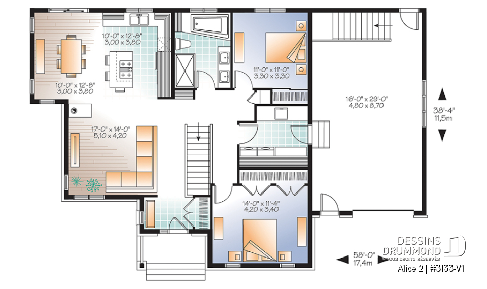 Rez-de-chaussée - Plan de maison plain-pied 2 chambres, garage, aire ouverte avec foyer 3 faces, grande cuisine - Alice 2