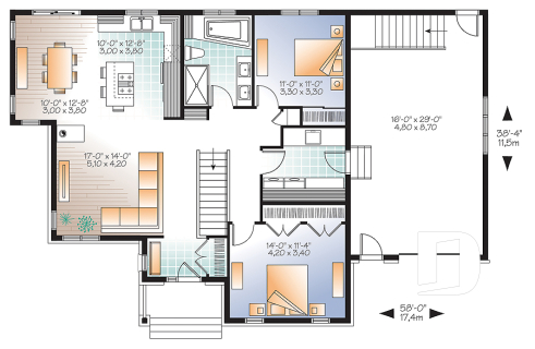Rez-de-chaussée - Plan de maison plain-pied 2 chambres, garage, aire ouverte avec foyer 3 faces, grande cuisine - Alice 2