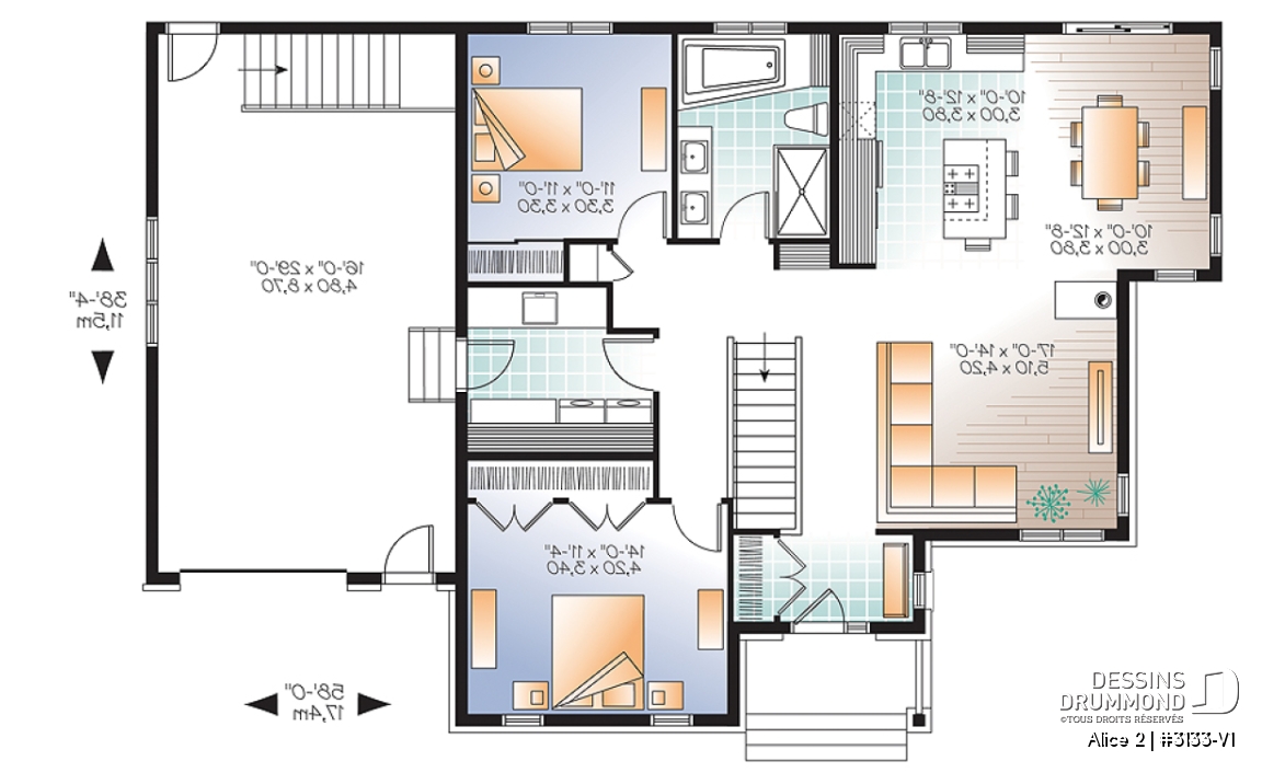 Rez-de-chaussée - Plan de maison plain-pied 2 chambres, garage, aire ouverte avec foyer 3 faces, grande cuisine - Alice 2