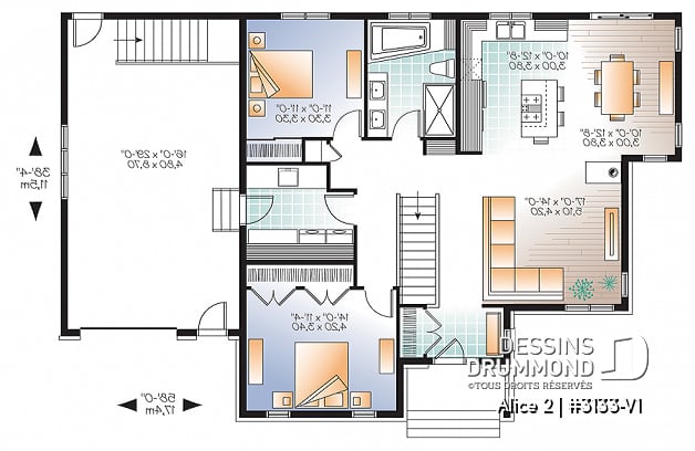 Rez-de-chaussée - Plan de maison plain-pied 2 chambres, garage, aire ouverte avec foyer 3 faces, grande cuisine - Alice 2