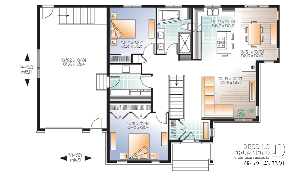 Rez-de-chaussée - Plan de maison plain-pied 2 chambres, garage, aire ouverte avec foyer 3 faces, grande cuisine - Alice 2