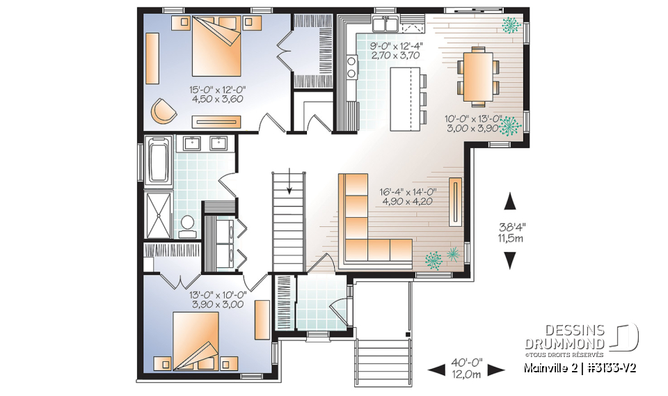 Rez-de-chaussée - Plan de maison contemporaine 2 chambres, buanderie au rez-de-chaussée, grand îlot et vestibule - Mainville 2