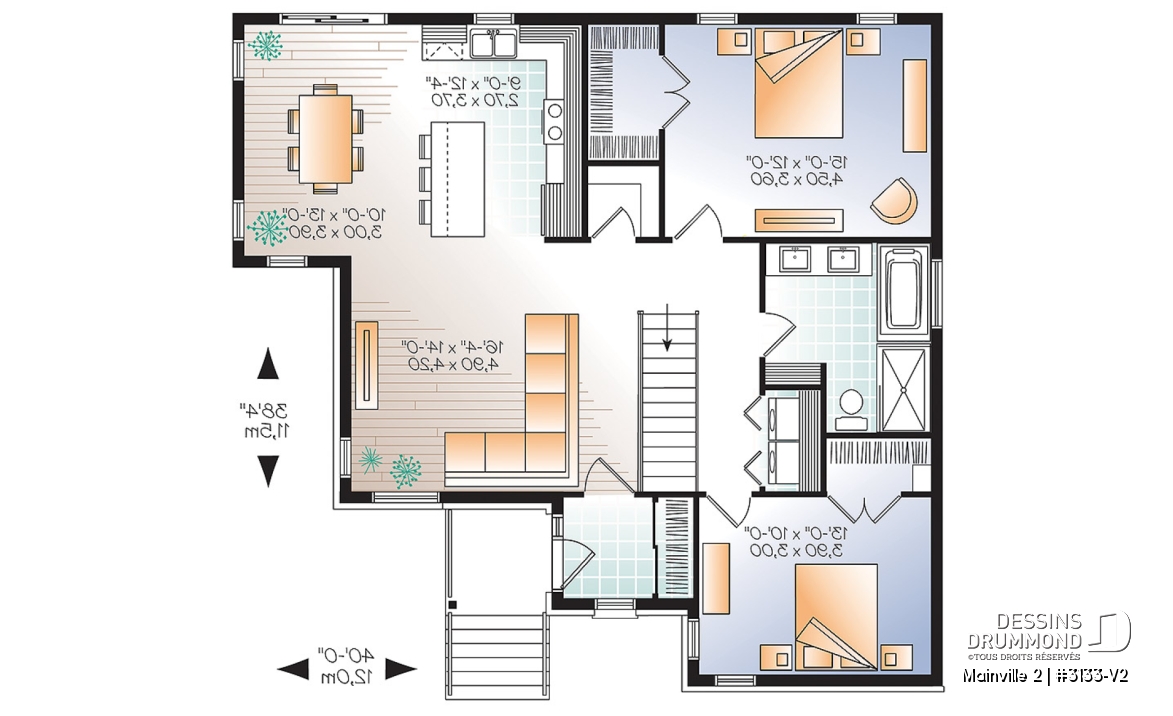 Rez-de-chaussée - Plan de maison contemporaine 2 chambres, buanderie au rez-de-chaussée, grand îlot et vestibule - Mainville 2