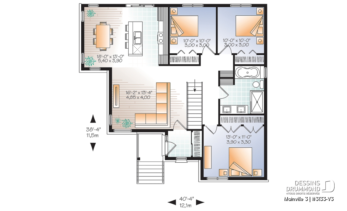 Rez-de-chaussée - Plan de maison contemporaine 3 chambres au même plancher, grand îlot, vestibule et air ouverte - Mainville 3