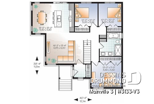 Rez-de-chaussée - Plan de maison contemporaine 3 chambres au même plancher, grand îlot, vestibule et air ouverte - Mainville 3
